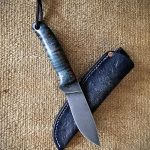 Everyday carry Damascus 9 inch overall, blade 4 inch, Handle stabilized fiddleback maple, sheath by Fisher Custom Leather