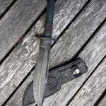 Hunter 10 inch ladder pattern Damascas blade, stabilized fiddleback maple handle, Fisher Custom Leather sheath