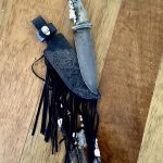 Retro wolf jaw handle, 8 inch Damascus chainsaw chain blade, Fisher Custom Leather sheath