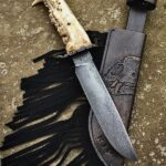 Bearjaw handle Damascus guard with 71/4" Damascus blade hand carved custom leather sheath